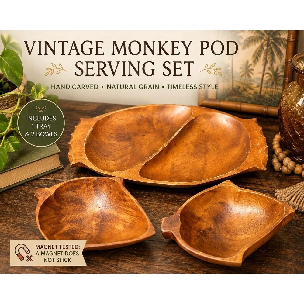 VTG Hand Carved Monkey Pod Wood Divided Serving Tray with 2 Leaf Snack Bowls mcm
